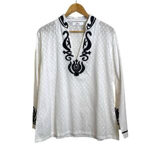 Amaya Size XL White Polka Tunic Blouse with Black Embroidery